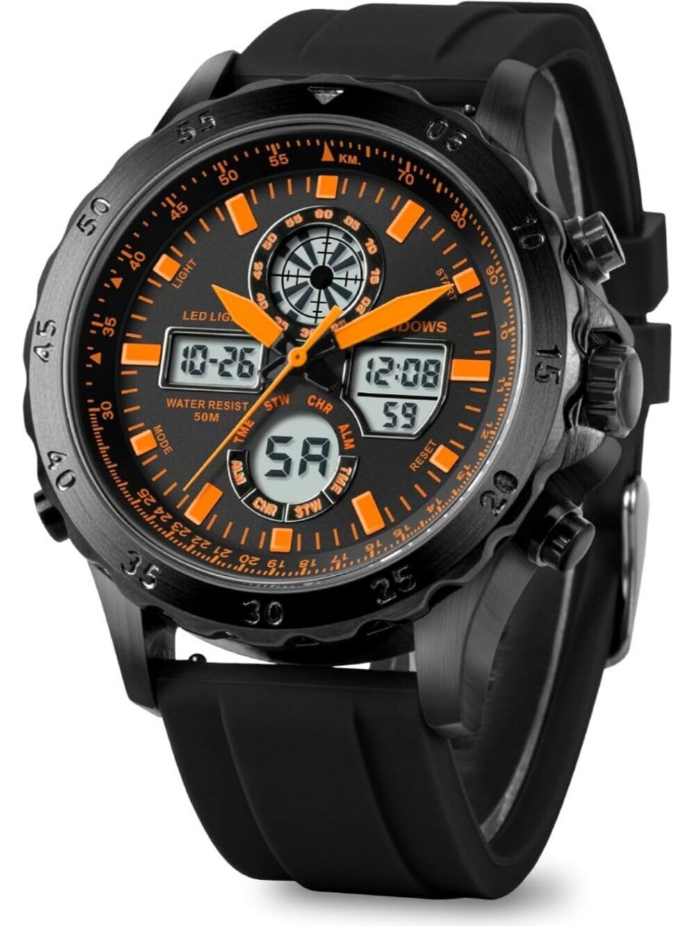 Men's Black Orange Analog Waterproof Military Multifunctional LED Digital Watch